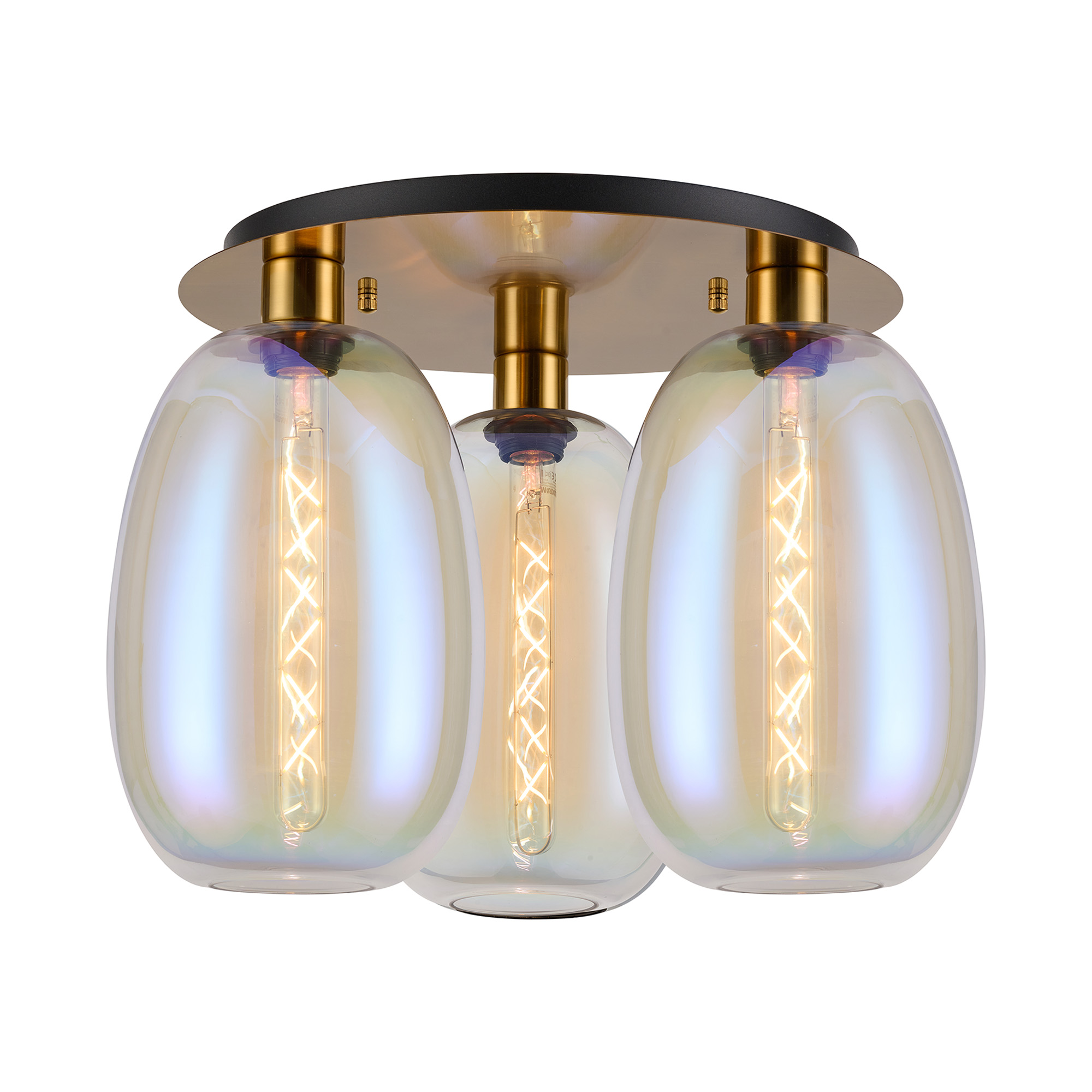 DK1246  Lori 40cm Round Ceiling Flush, 3 Light Flush Fitting, Antique Gold/Iridescent Slim Curved Trapezium Shades